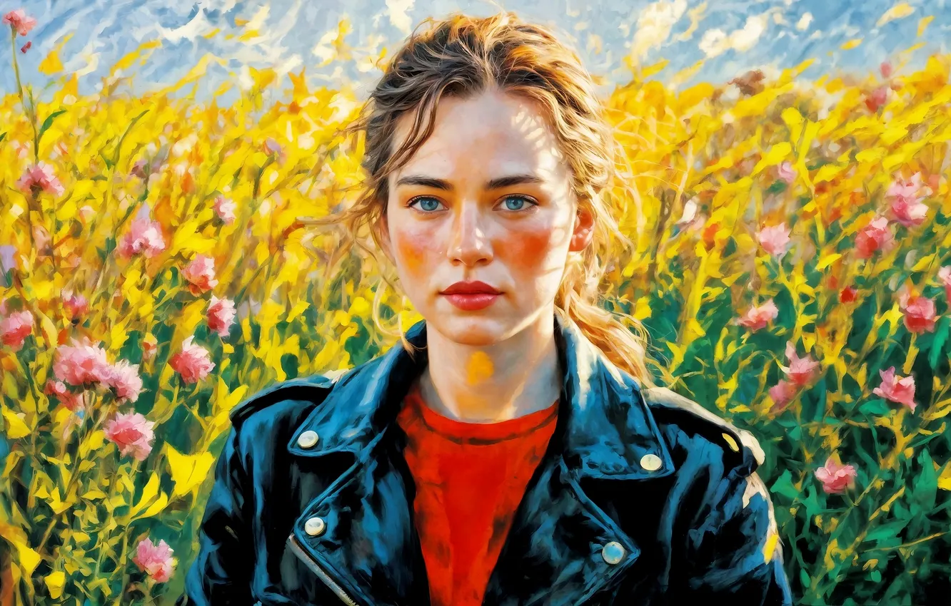 Photo wallpaper field, summer, girl, light, flowers, blush, brown hair, jacket