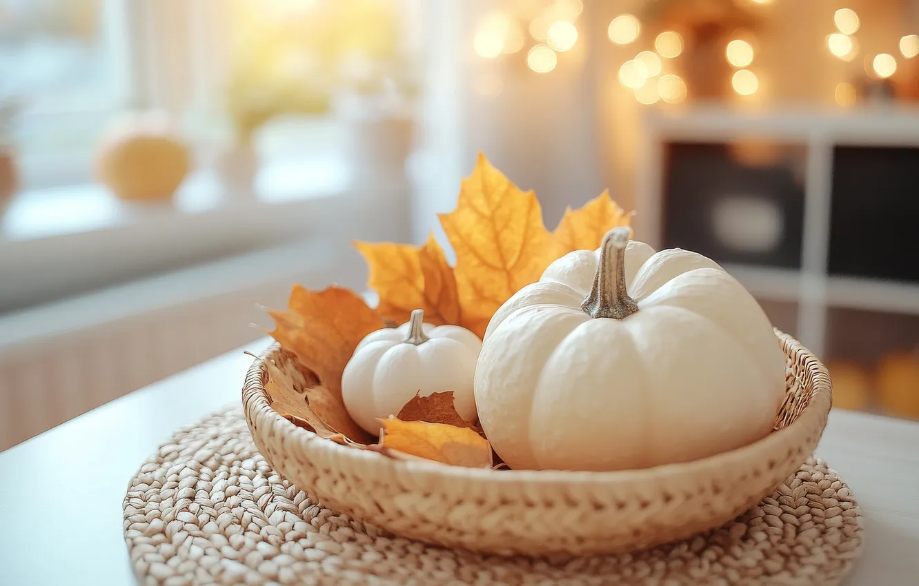 Photo wallpaper autumn, leaves, window, pumpkin, AI art, neural network