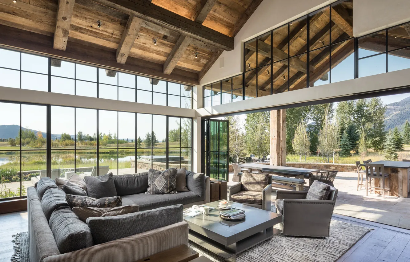Photo wallpaper design, style, interior, terrace, living room, Rustic Mountain Home, outdoor dining room, Burke small residence
