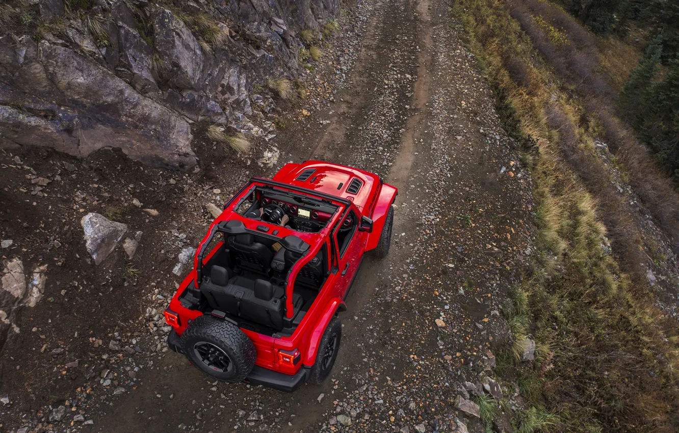 Photo wallpaper red, stones, movement, slope, top, back, 2018, Jeep