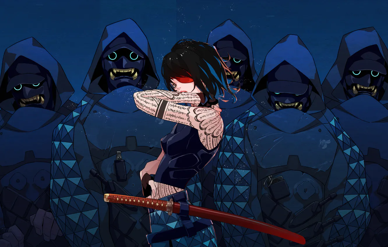 Photo wallpaper katana, samurai, futuristic, Warriors, Tatu, anime girl, Cyberpunk