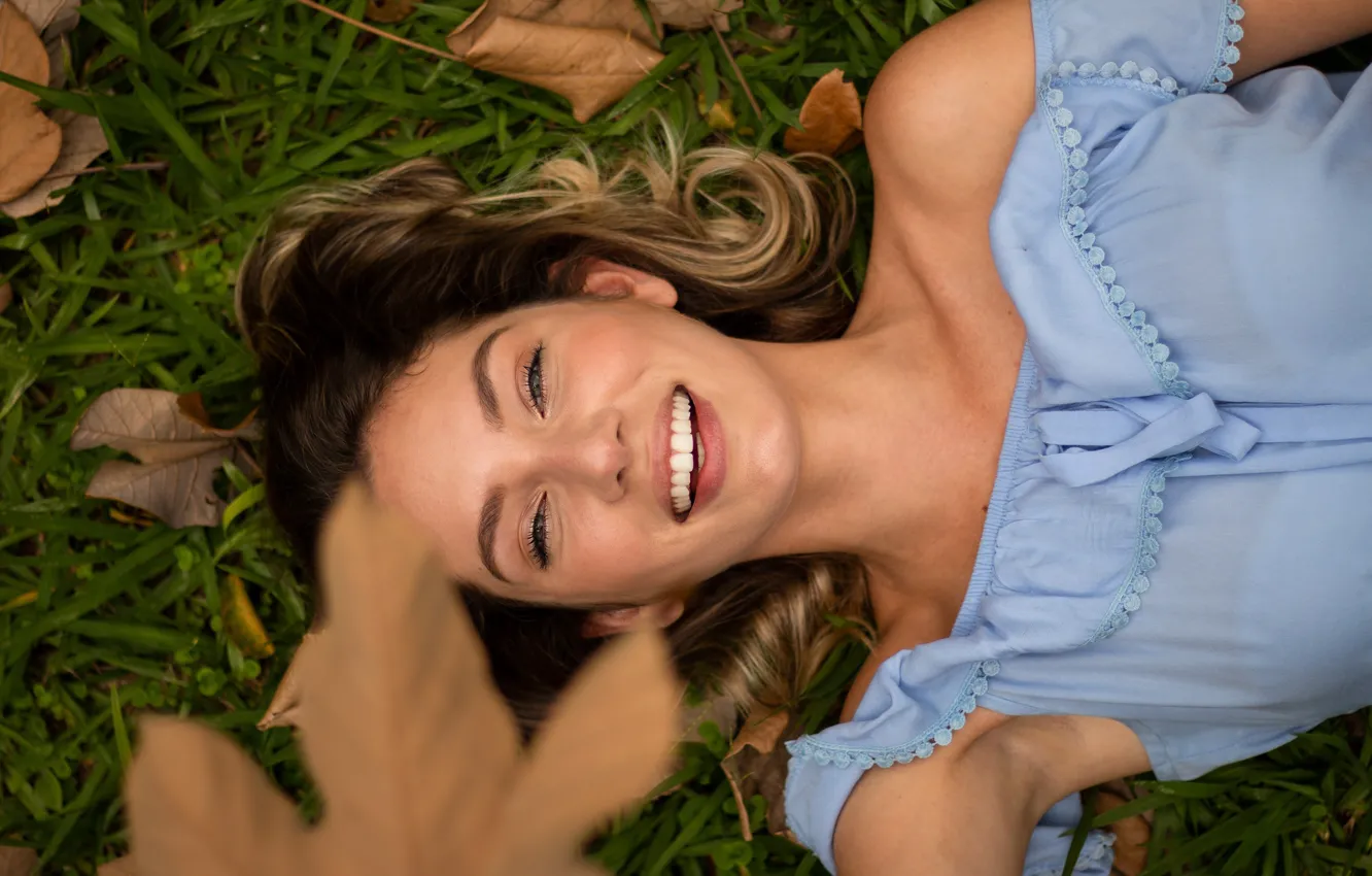 Photo wallpaper look, leaves, pose, model, portrait, makeup, dress, hairstyle