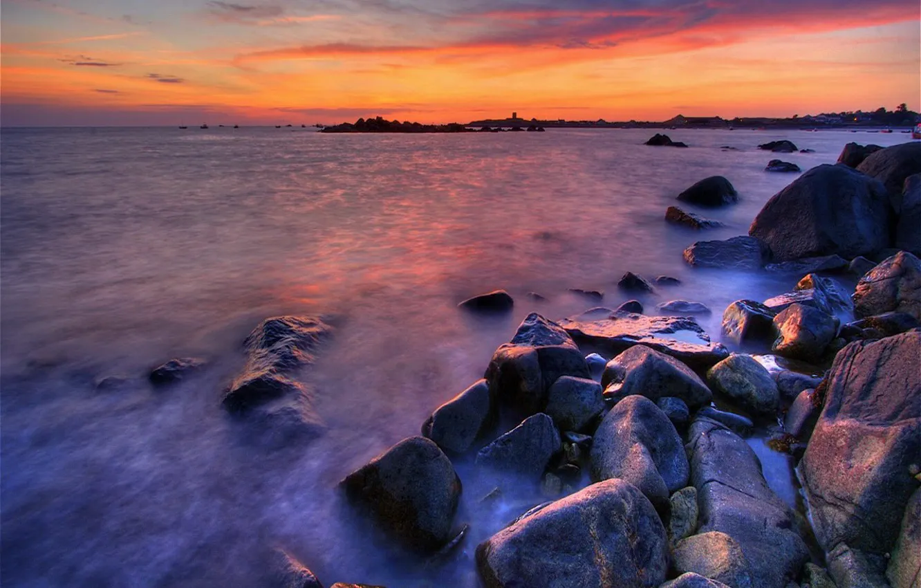 Photo wallpaper sea, sunset, stones