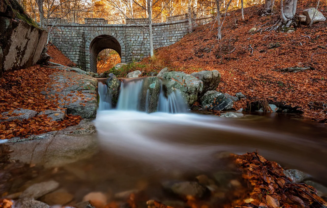 Photo wallpaper autumn, bridge, stones, waterfall, arch