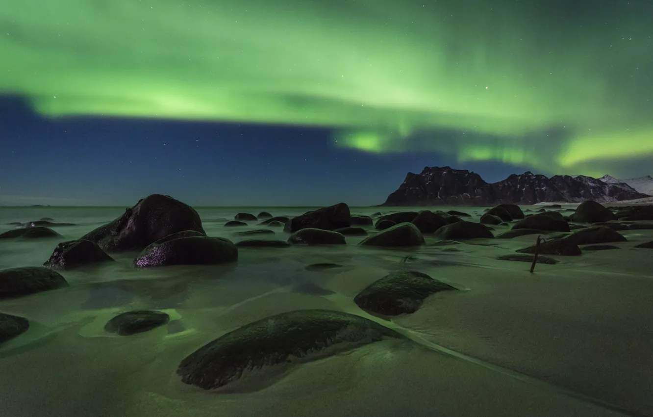 Photo wallpaper the sky, night, stones, rocks, shore, Northern lights, pond, boulders