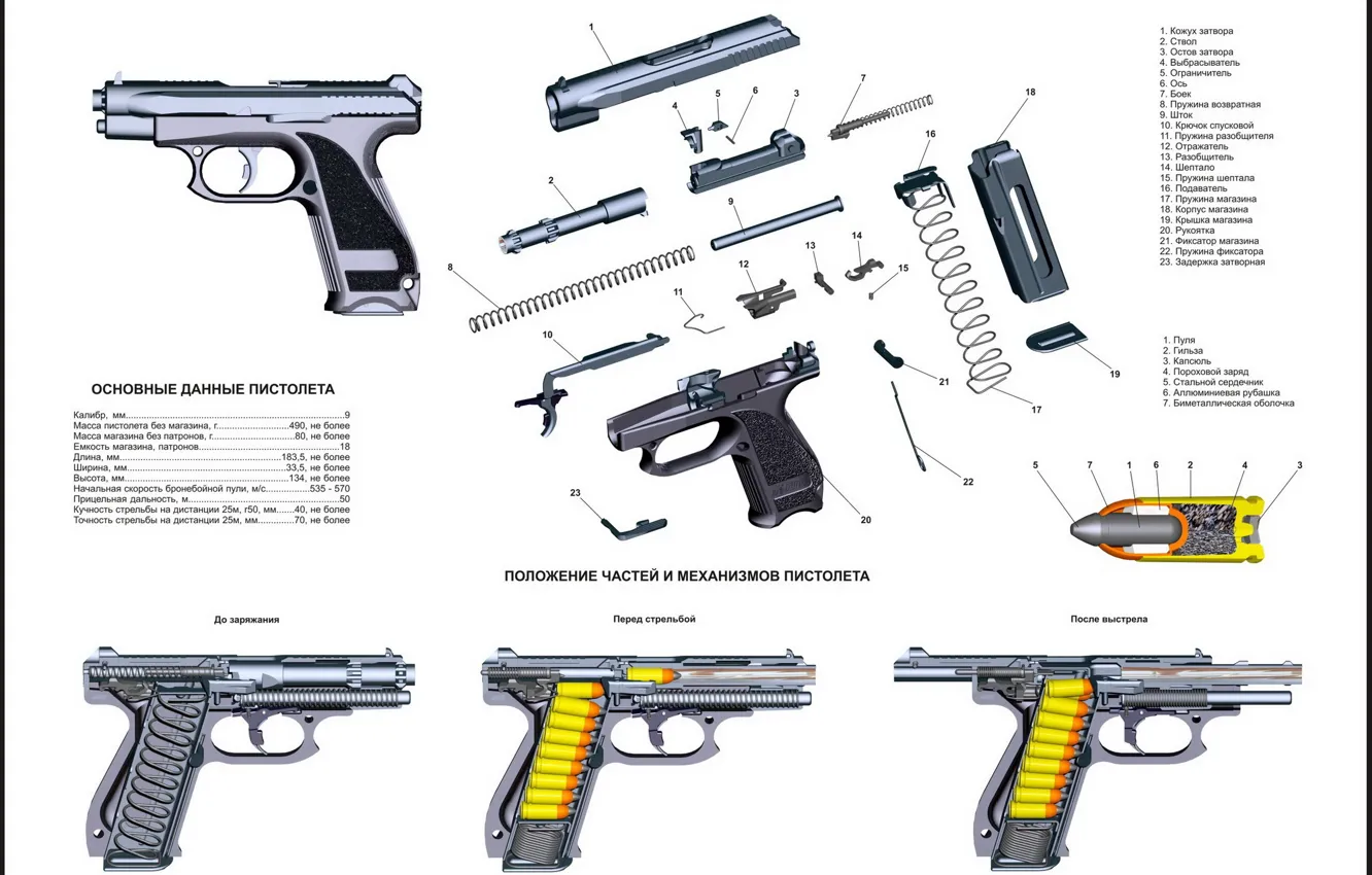 Photo wallpaper gun, scheme of the disassembly, GSH-18