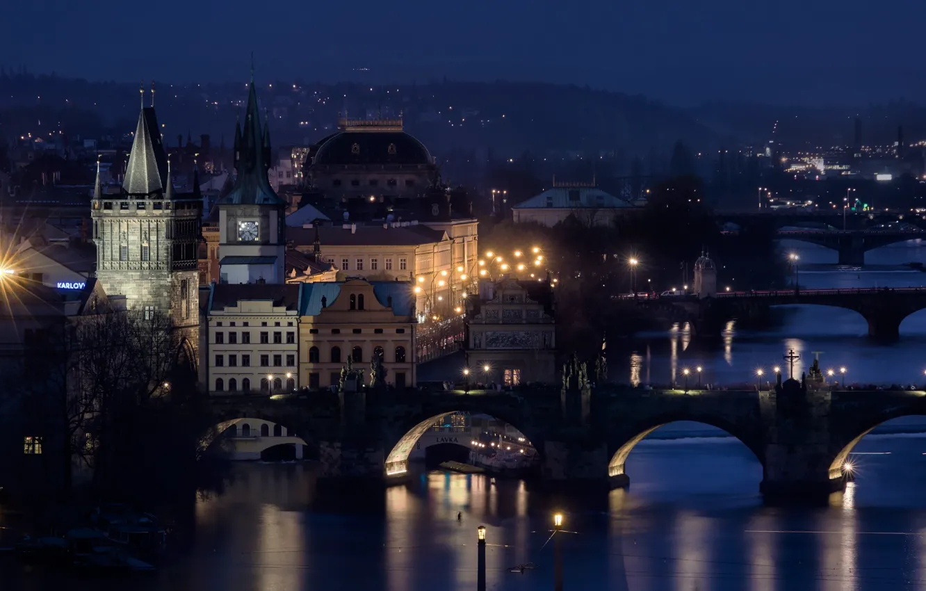 Photo wallpaper night, bridge, river, Prague