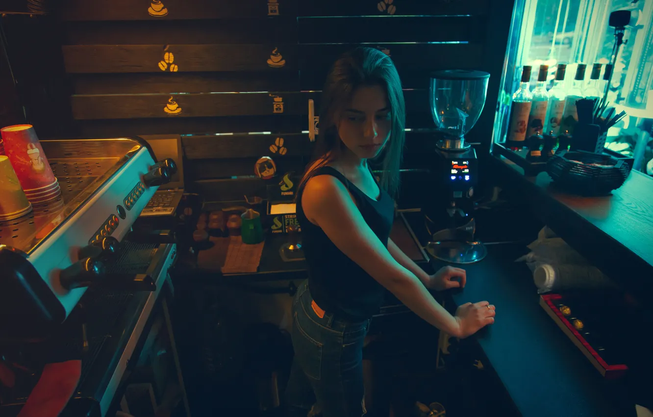 Photo wallpaper girl, portrait, jeans, bar, Mike, brunette, Viacheslav Krivonos