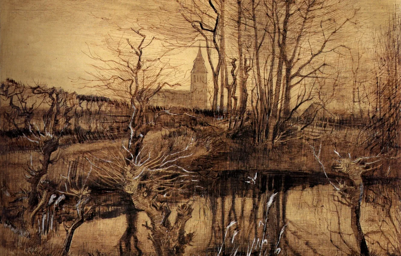 Photo wallpaper branches, lake, Vincent van Gogh, The Kingfisher