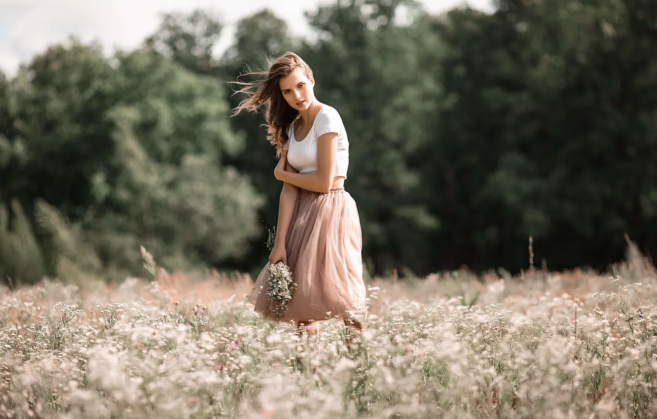Photo wallpaper field, summer, girl, trees, flowers, nature, skirt, bouquet
