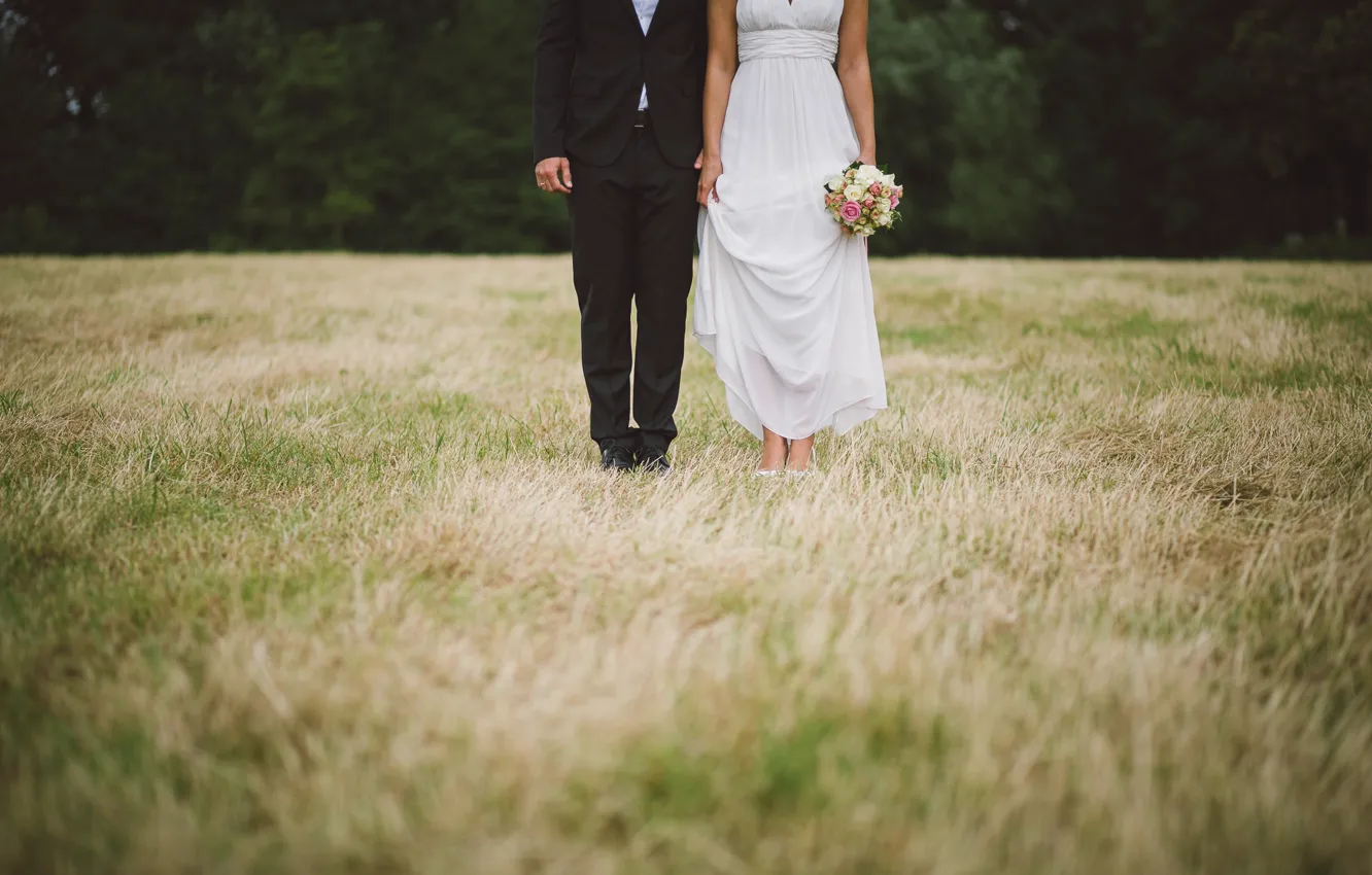 Photo wallpaper field, grass, dress, costume, the bride, the groom