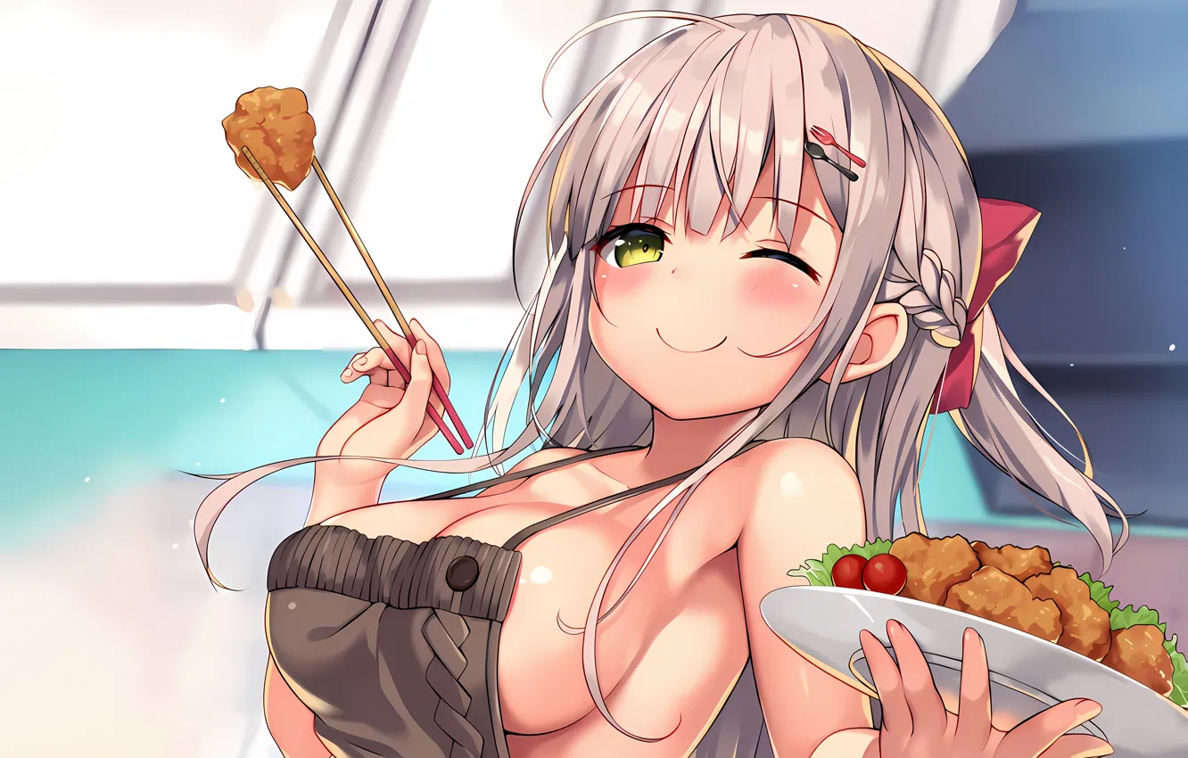 Photo wallpaper girl, sexy, cleavage, long hair, boobs, anime, food, beautiful