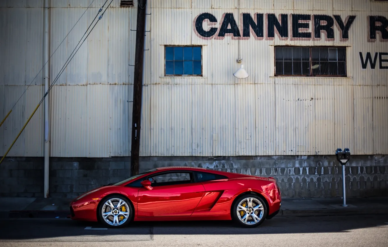 Photo wallpaper red, wall, the inscription, building, Lamborghini, profile, red, Gallardo