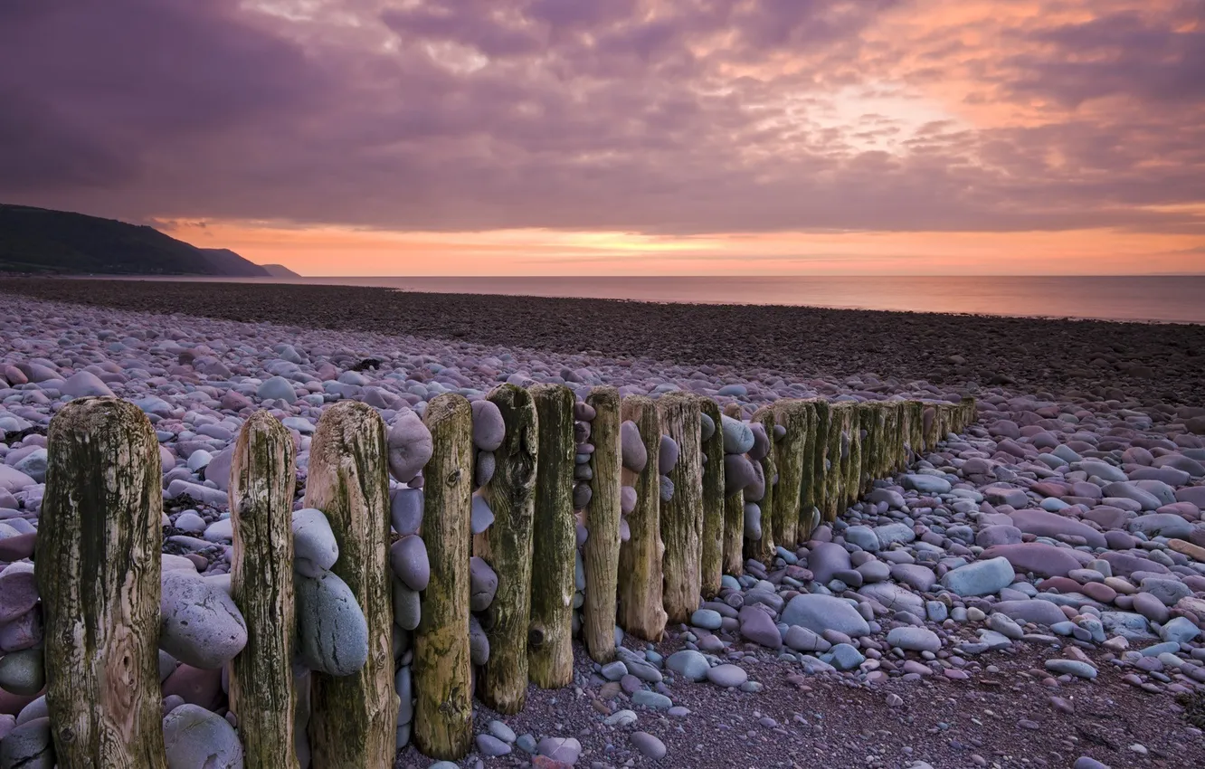 Photo wallpaper sea, pebbles, stones, shore, piles