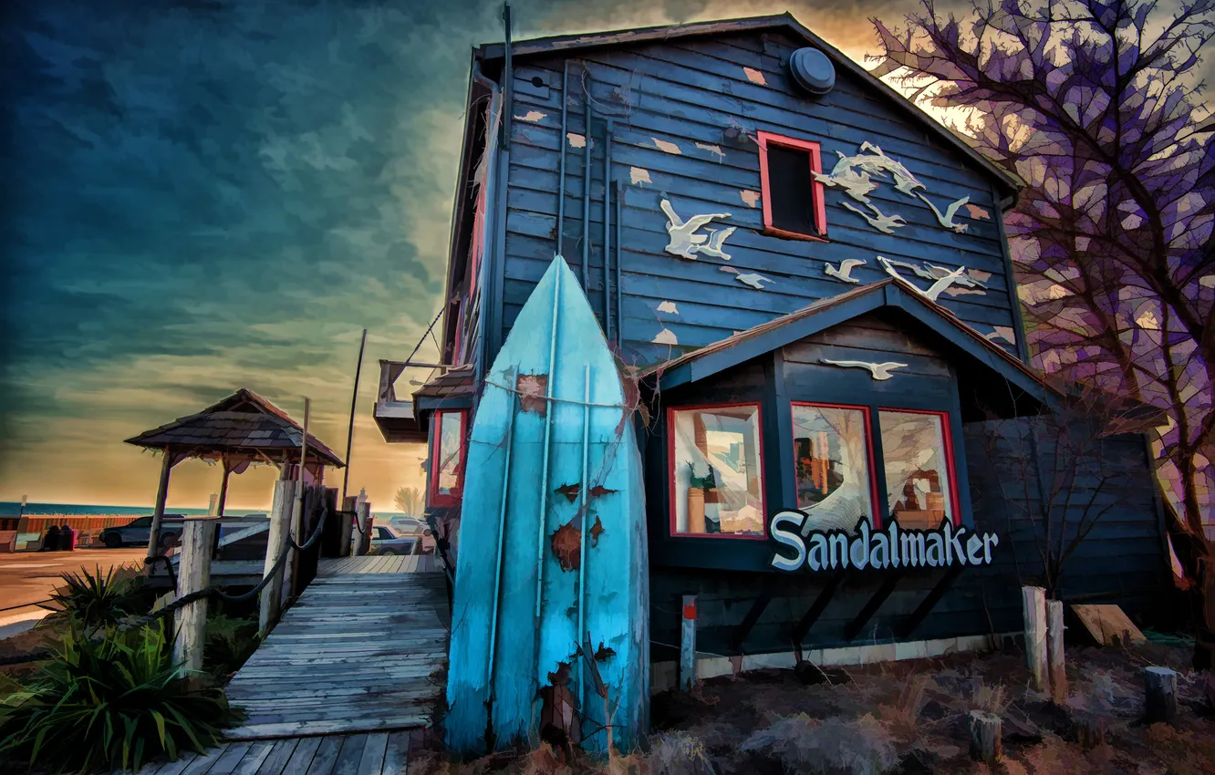 Photo wallpaper landscape, home, promenade, shop, surfboard