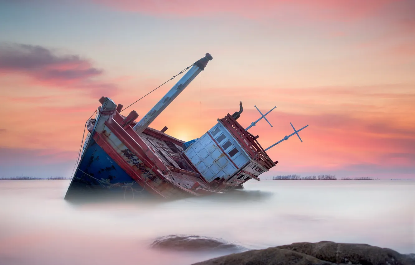 Photo wallpaper sea, landscape, sunset, ship