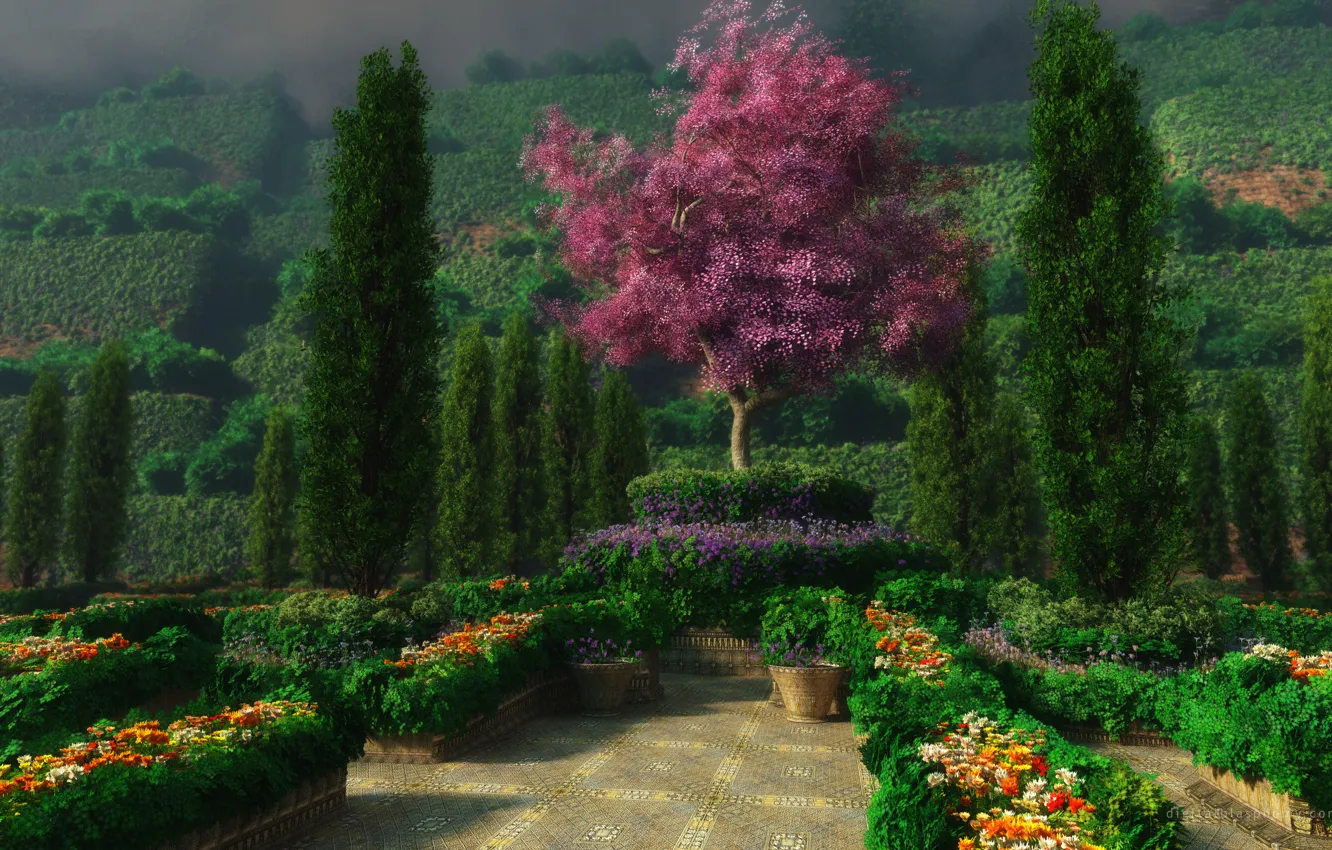 Photo wallpaper greens, trees, flowers, beds
