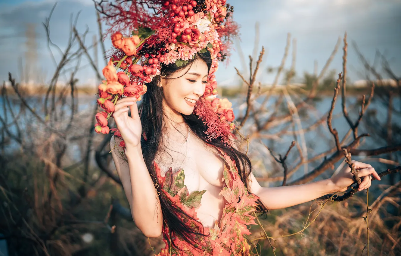 Photo wallpaper chest, leaves, girl, light, decoration, flowers, branches, nature