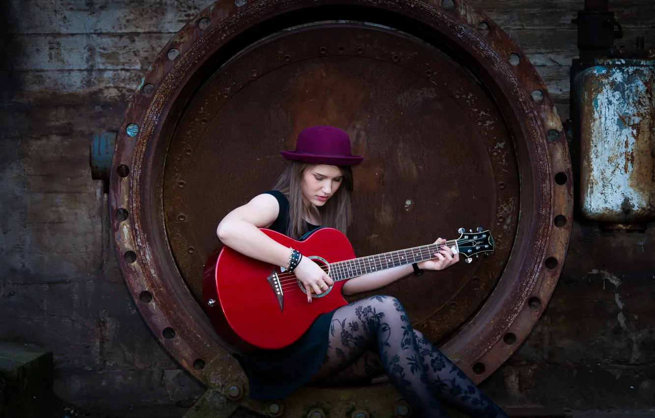 Photo wallpaper girl, guitar, hat