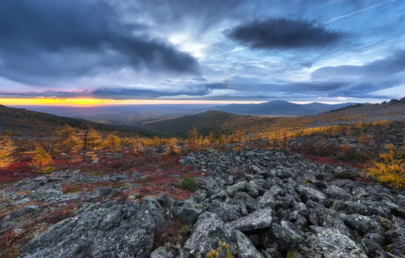 Photo wallpaper the sun, trees, sunset, mountains, clouds, stones, valley