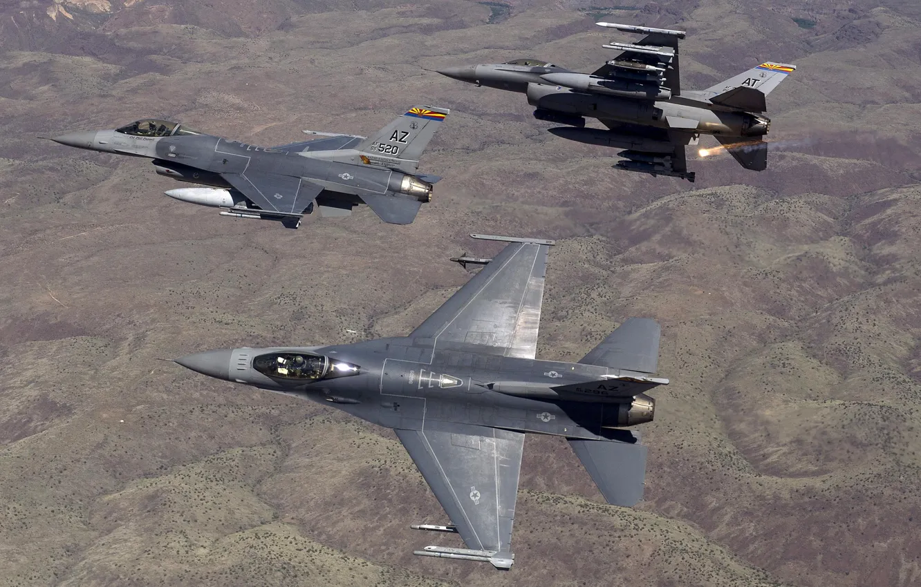 Photo wallpaper fighters, flight, F-16, Fighting Falcon