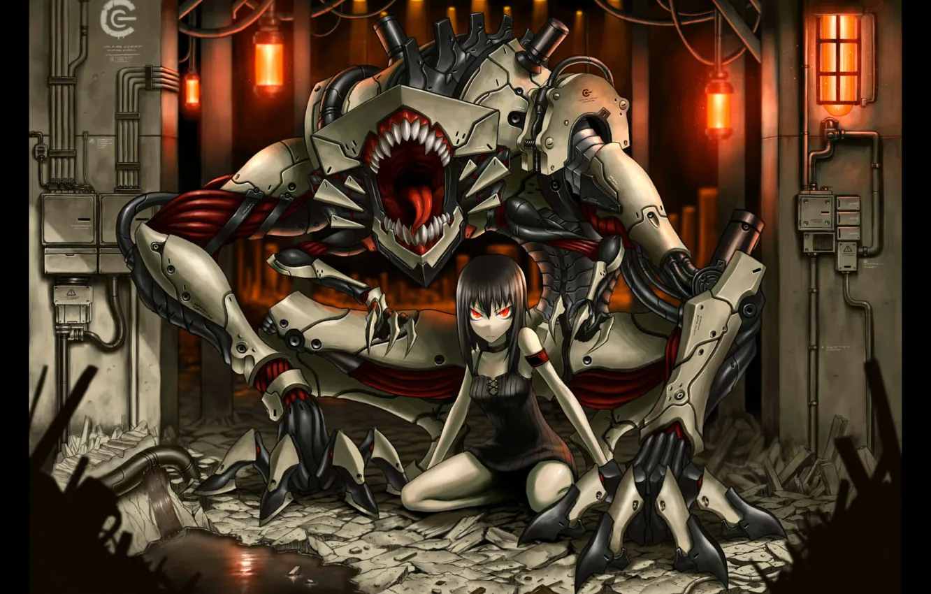 Photo wallpaper wire, robot, monster, mouth, girl, red eyes, Gia, bunker