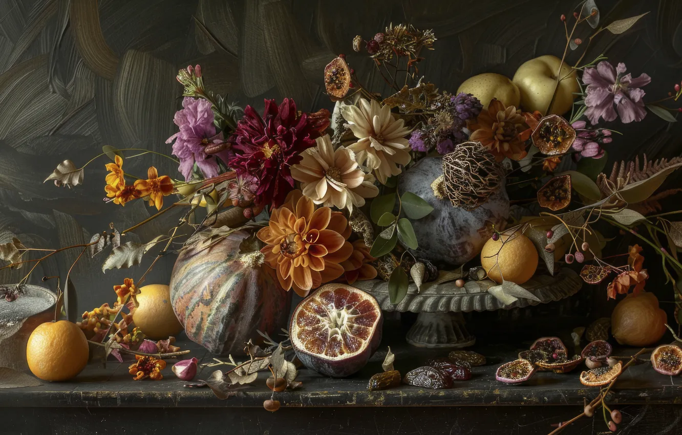Photo wallpaper flowers, the dark background, bouquet, dried fruits, AI art, neural network