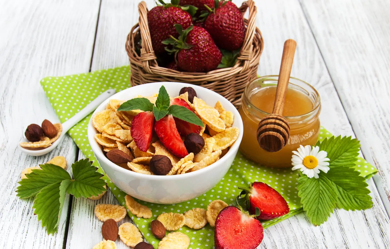 Photo wallpaper berries, Breakfast, strawberry, honey, cereal, corn, Olena Rudo