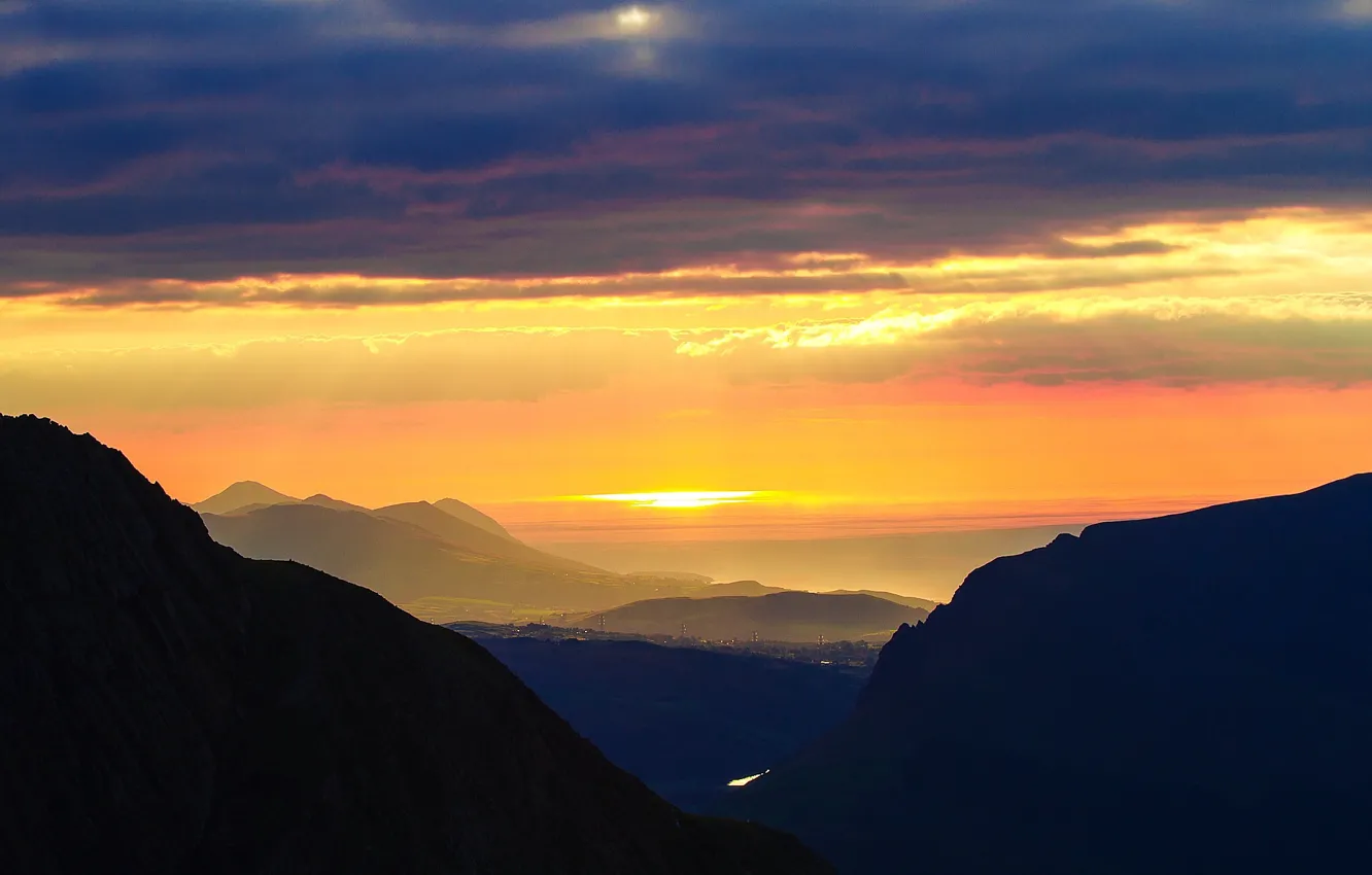 Photo wallpaper the sky, the sun, clouds, light, landscape, sunset, mountains, blue