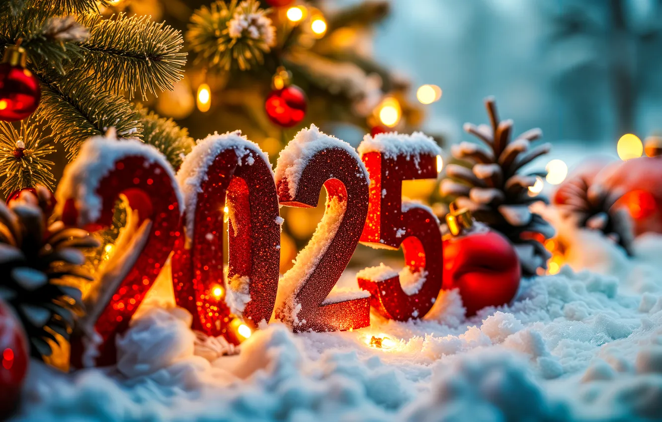 Photo wallpaper winter, light, snow, branches, red, lights, tree, new year