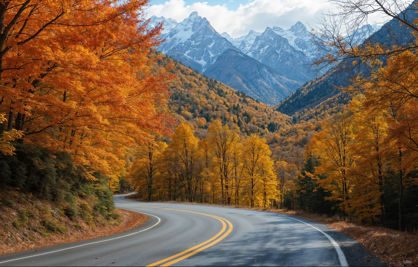 Photo wallpaper road, autumn, forest, light, trees, mountains, branches, markup