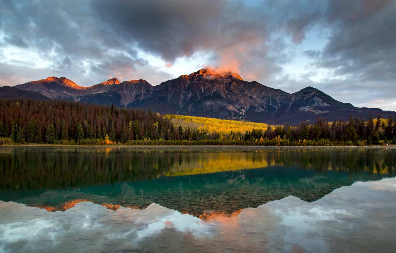 Photo wallpaper forest, mountains, lake, reflection, Canada, Albert, Alberta, Canada