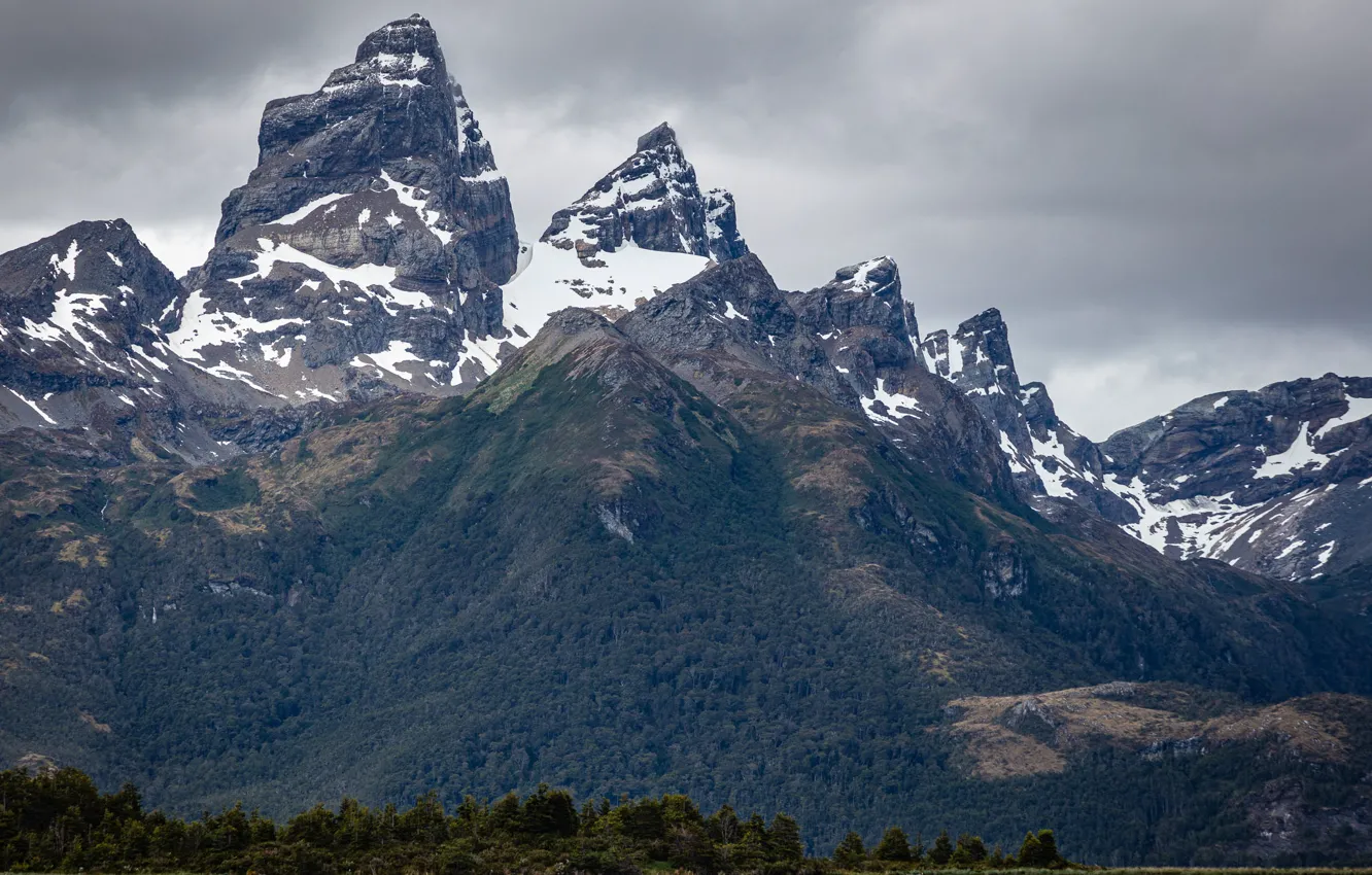 Photo wallpaper the sky, clouds, snow, trees, mountains, clouds, nature, river