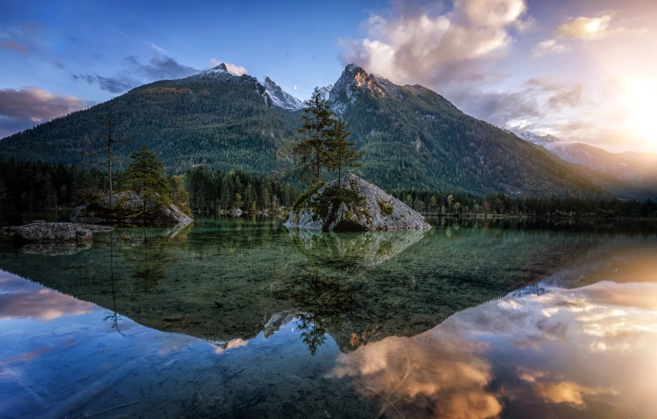 Photo wallpaper transparency, reflection, trees, mountains, nature, lake, stones