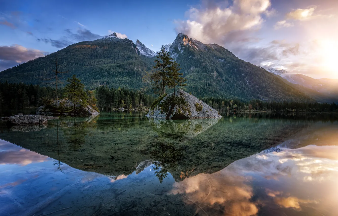 Photo wallpaper transparency, trees, mountains, nature, lake, reflection, stones