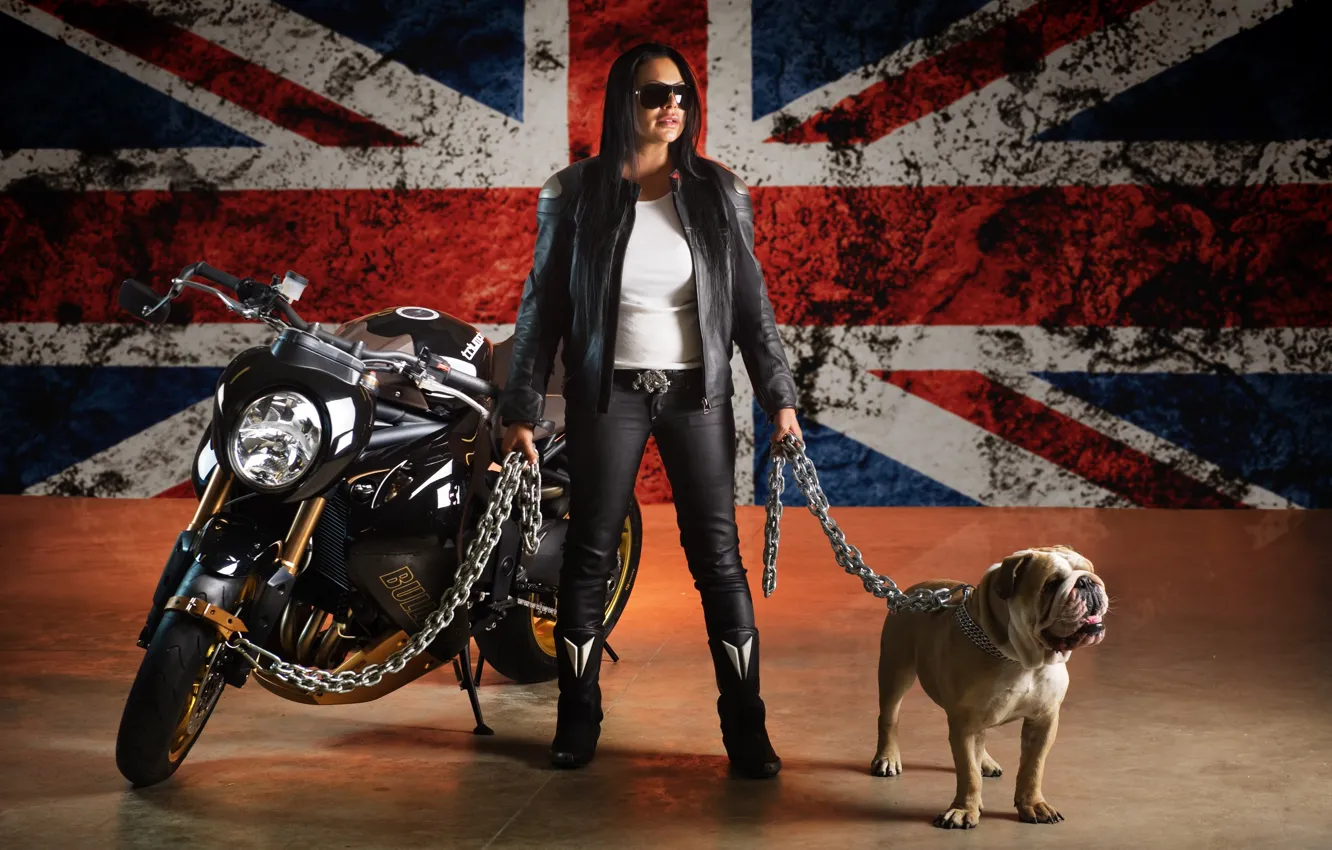 Photo wallpaper metal, girl, long hair, bike, style, woman, dog, motorcycle