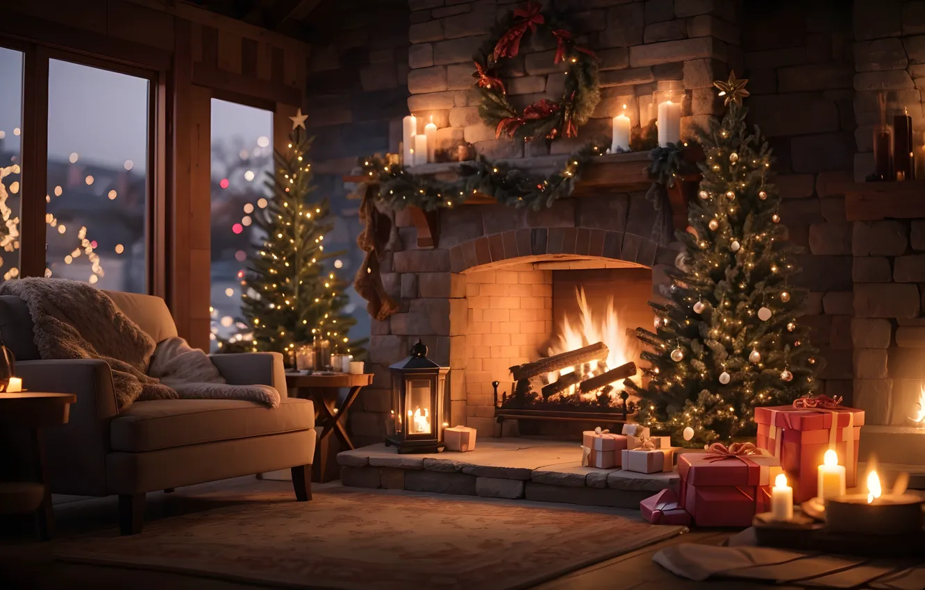 Photo wallpaper decoration, room, gift, balls, tree, new year, interior, Christmas