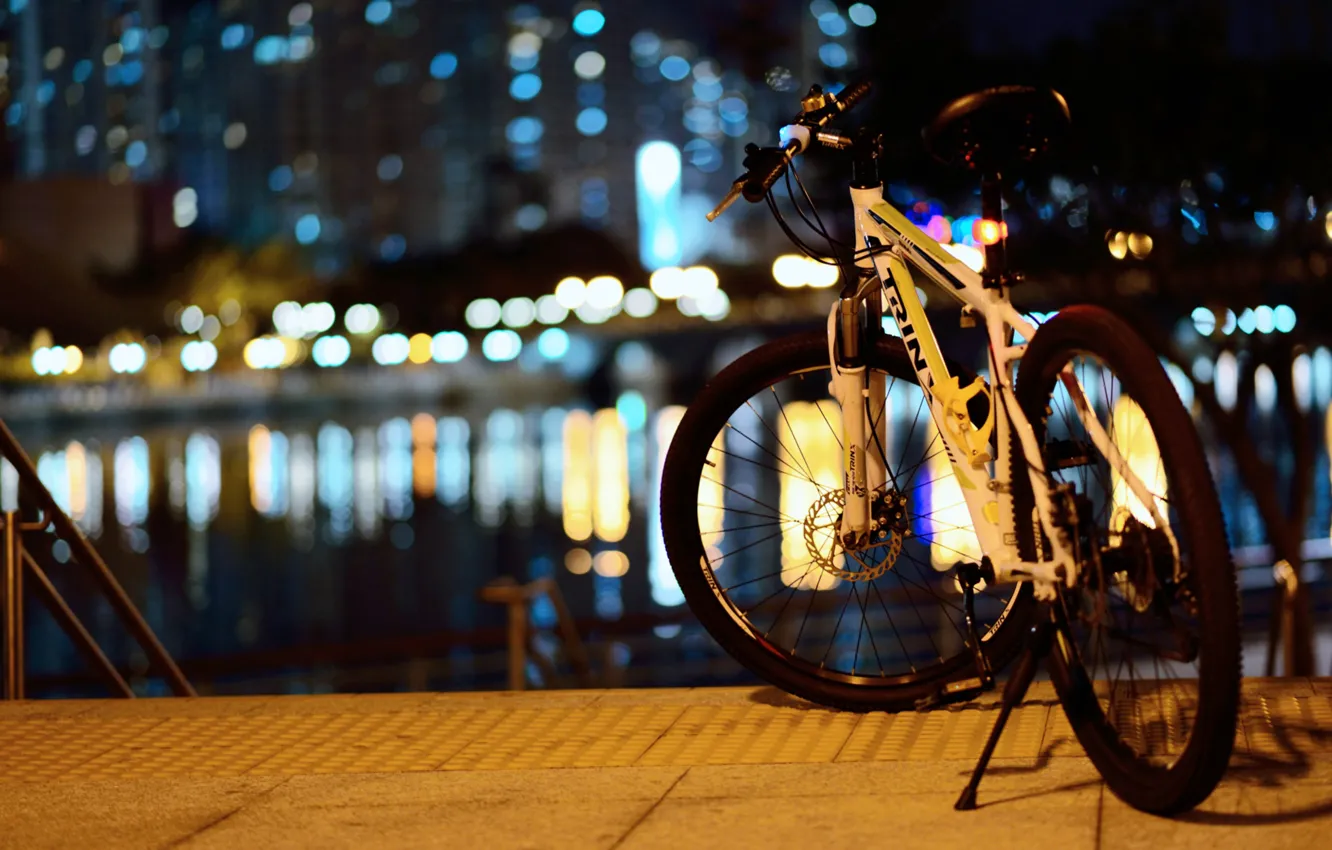 Photo wallpaper night, bike, the city, lights, reflection, street, Japan, bokeh