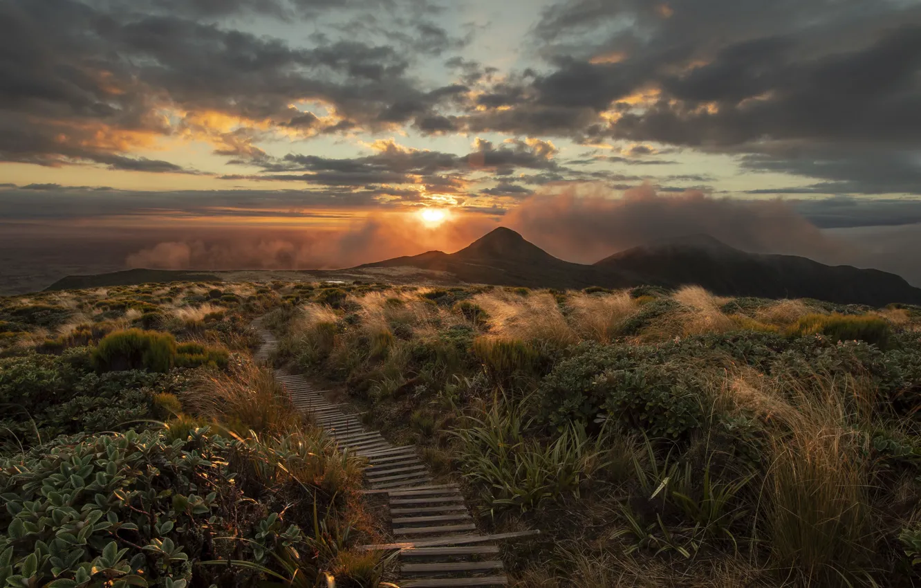 Photo wallpaper sunset, mountains, nature