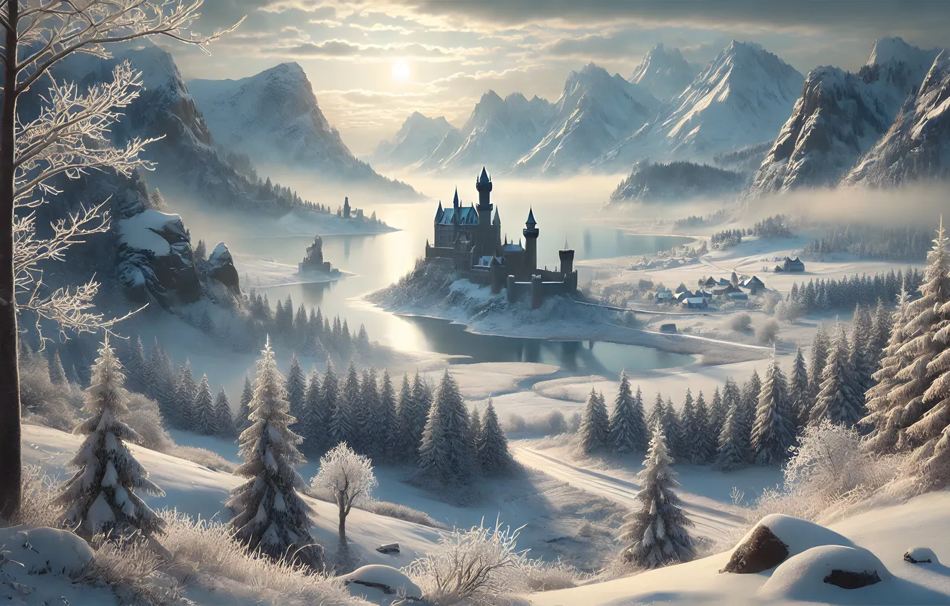Photo wallpaper winter, frost, forest, clouds, light, snow, trees, mountains