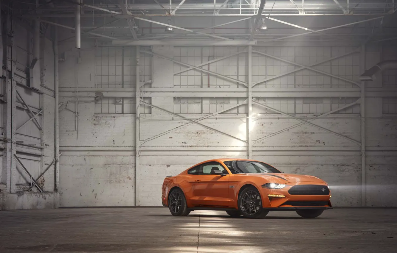 Photo wallpaper Orange, Ford Mustang, Muscle Car, EcoBoost, 2020