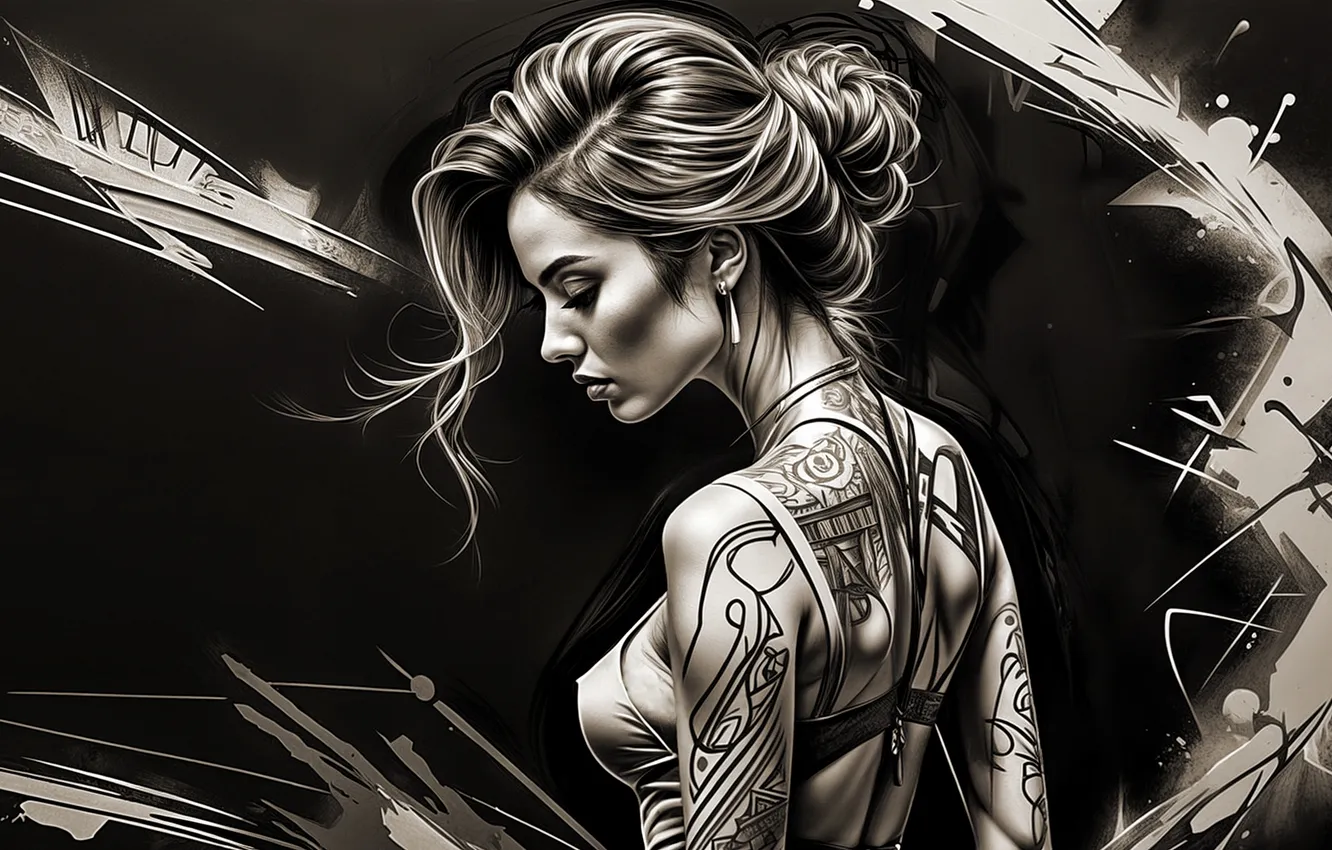 Photo wallpaper girl, monochrome, tattoo, AI Art