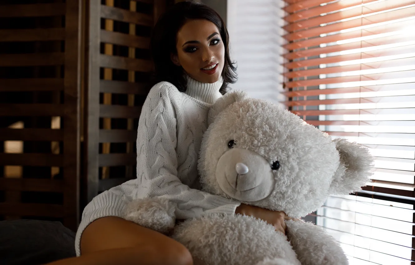 Photo wallpaper look, girl, smile, toy, bear, brunette, window, sweater