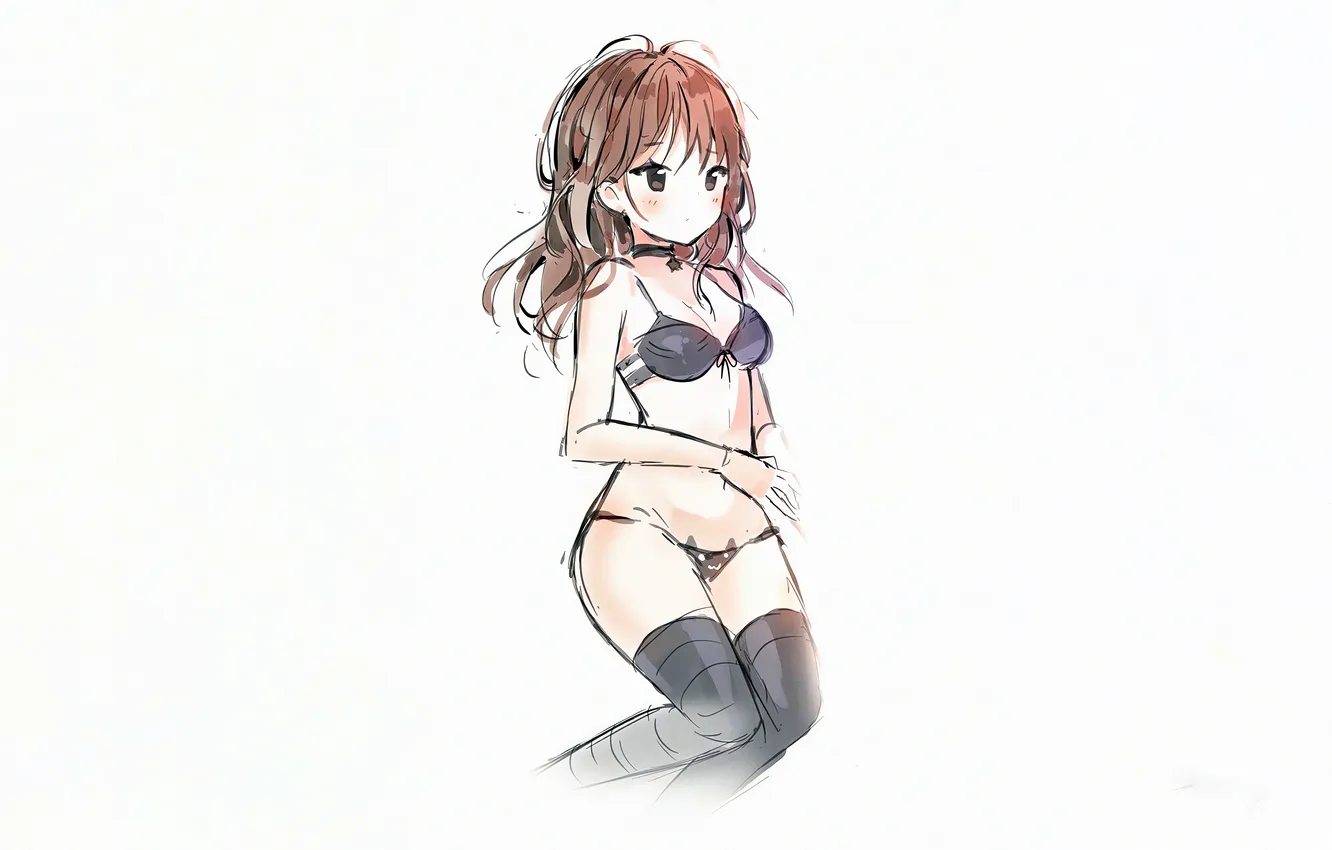 Photo wallpaper girl, sexy, lingerie, bra, cleavage, panties, thighhighs, long hair