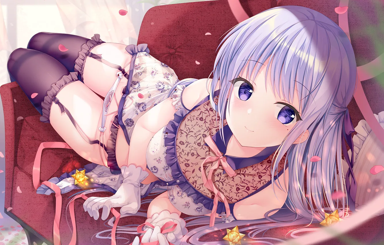 Photo wallpaper girl, sexy, lingerie, cleavage, panties, thighhighs, long hair, boobs