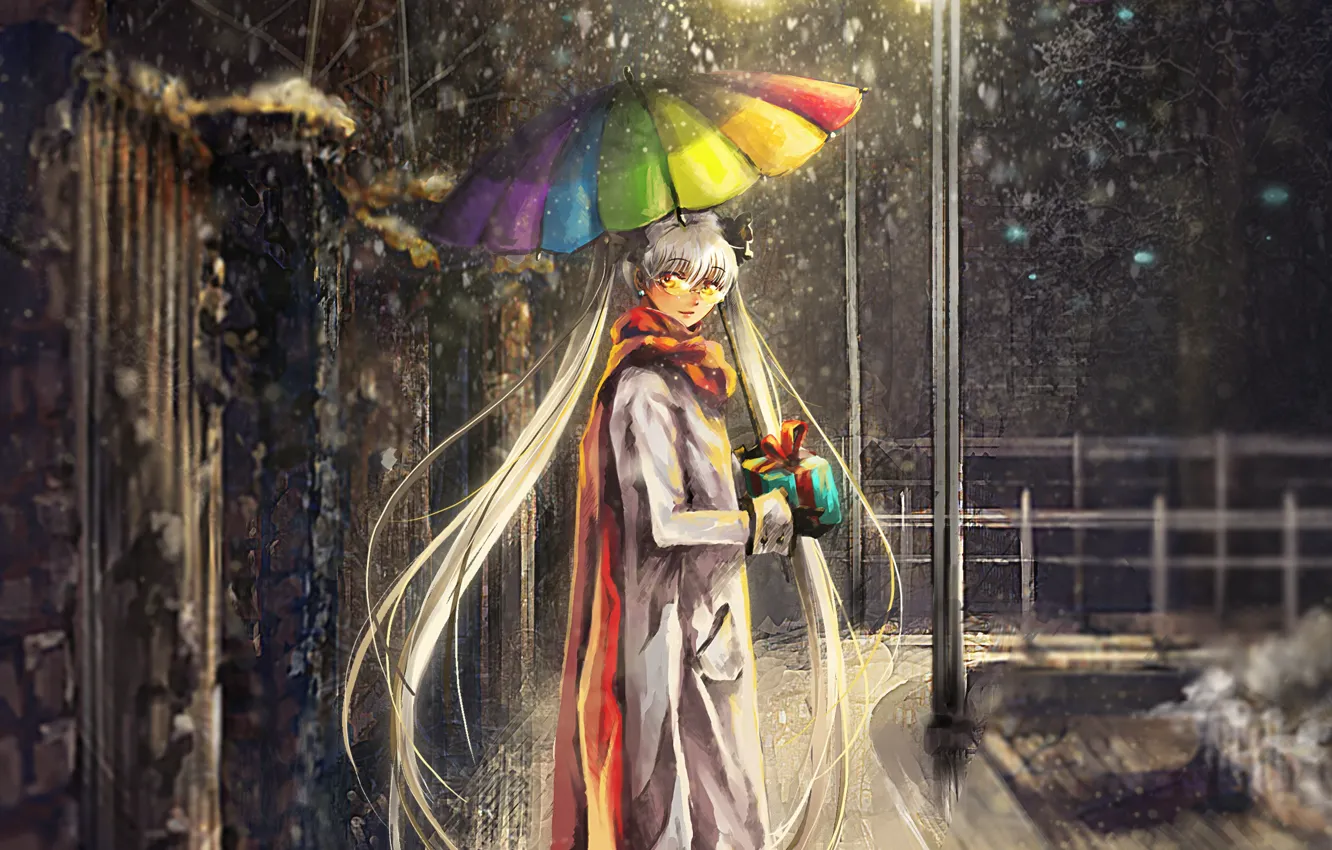 Photo wallpaper girl, snow, the city, gift, street, rainbow, umbrella, art