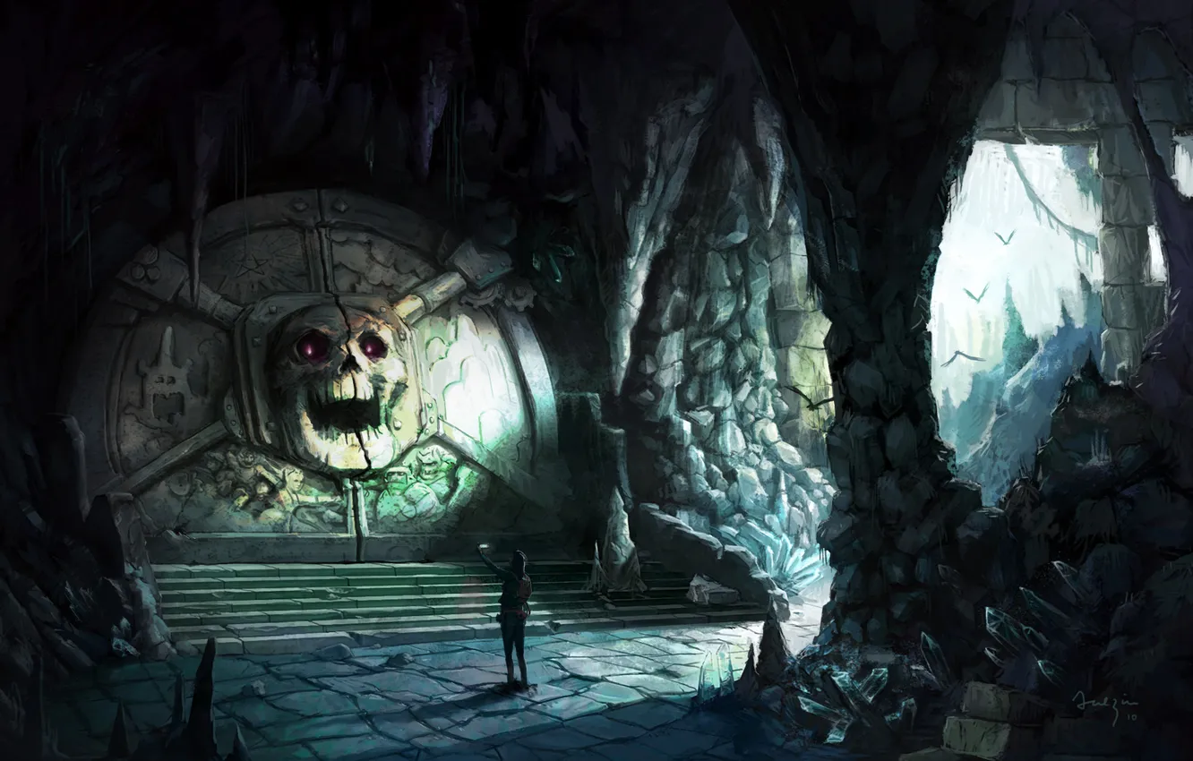 Photo wallpaper skull, the door, art, torch, cave, bats, traveler, Andrius