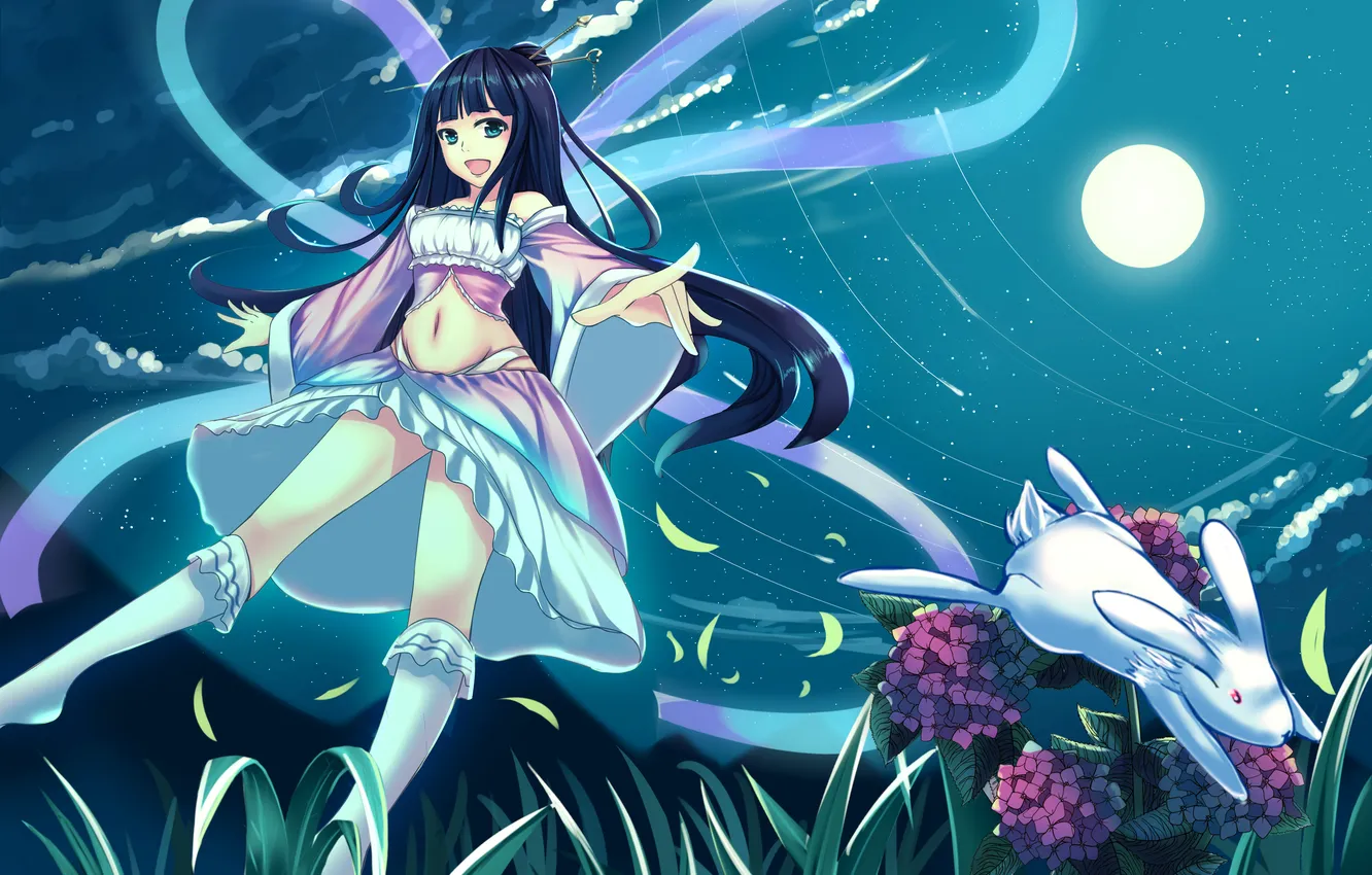 Photo wallpaper the sky, girl, stars, clouds, joy, flowers, night, the moon