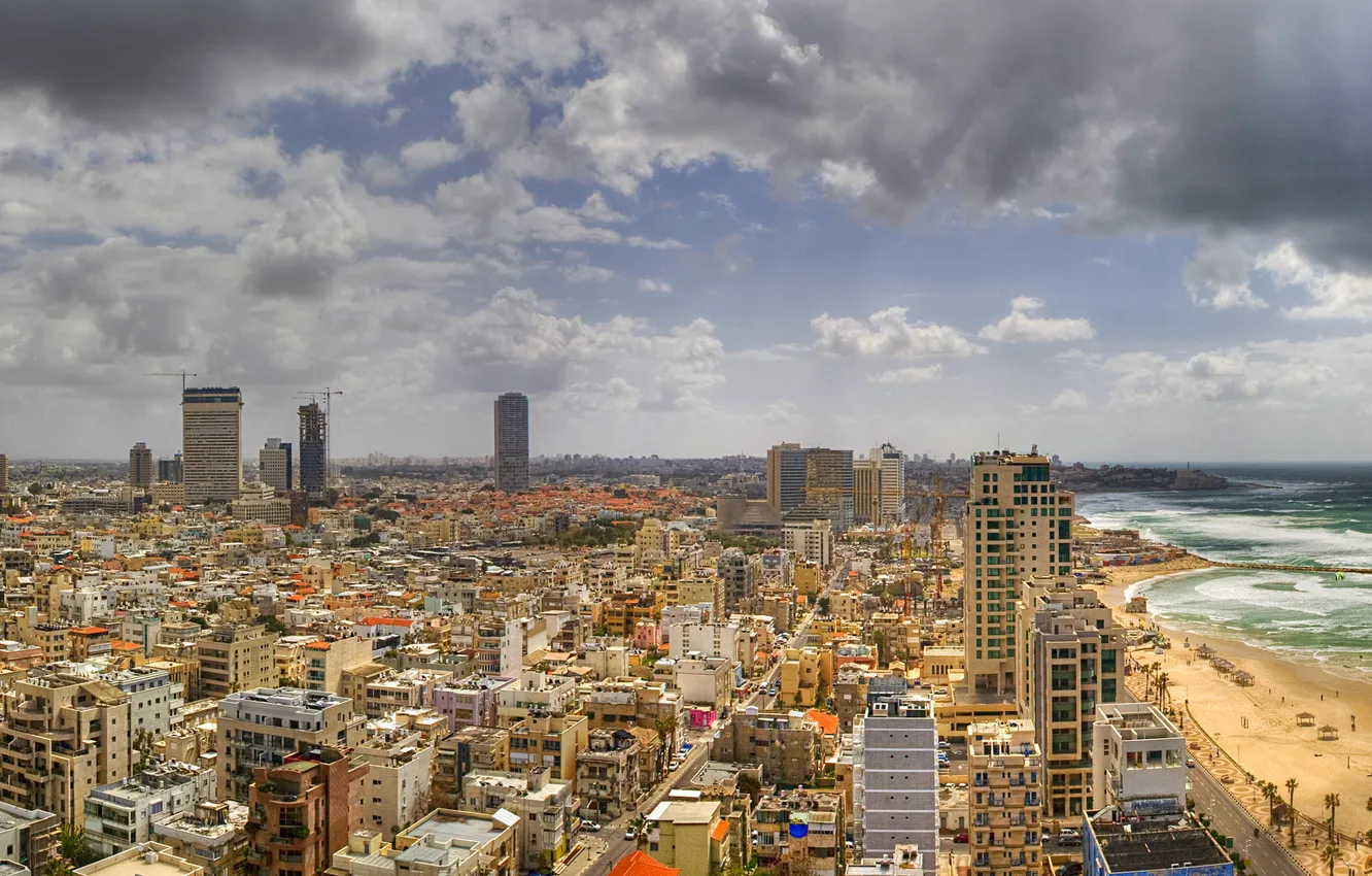 Photo wallpaper sea, the sky, clouds, the city, coast, panorama
