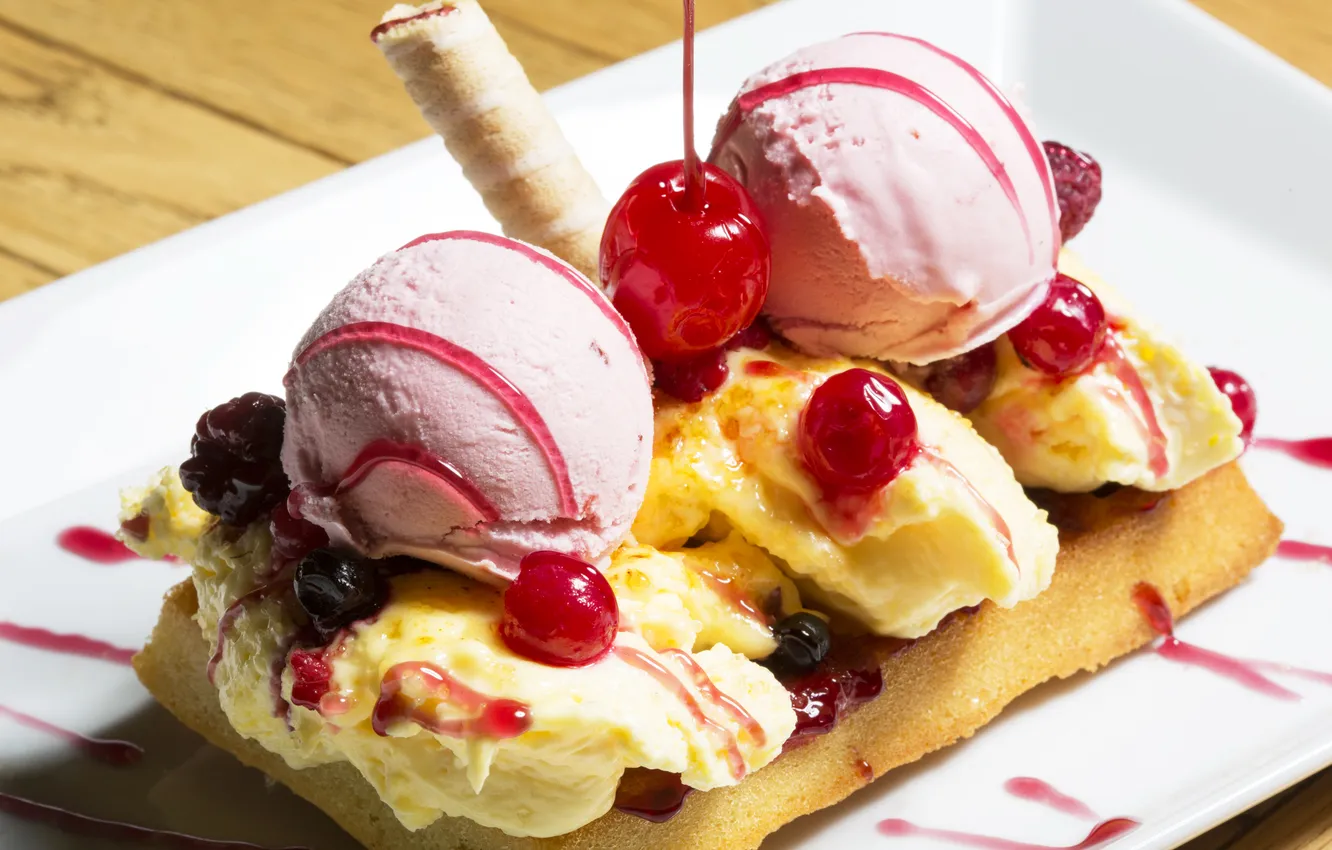 Photo wallpaper cherry, berries, ice cream, dessert, dessert, jam, ice cream